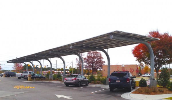 Solar canopy in the parking lot also shades and covers 12 parking spots