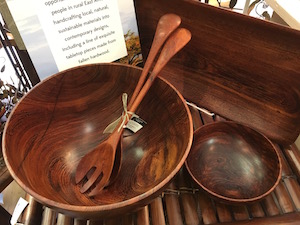 This lovely bowl and utensils from Ten Thousand Villages in Shoppes of Kildaire, is made from fallen wood creates opportunity for the Massai in Kenya, $175 
